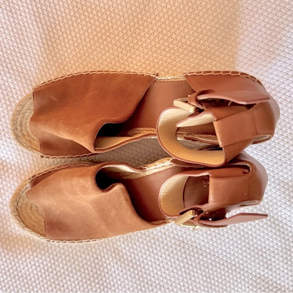 MARC FISHER Adalyn Espadrille Wedge Sandal Tan Leather Sandals Women’s Shoes